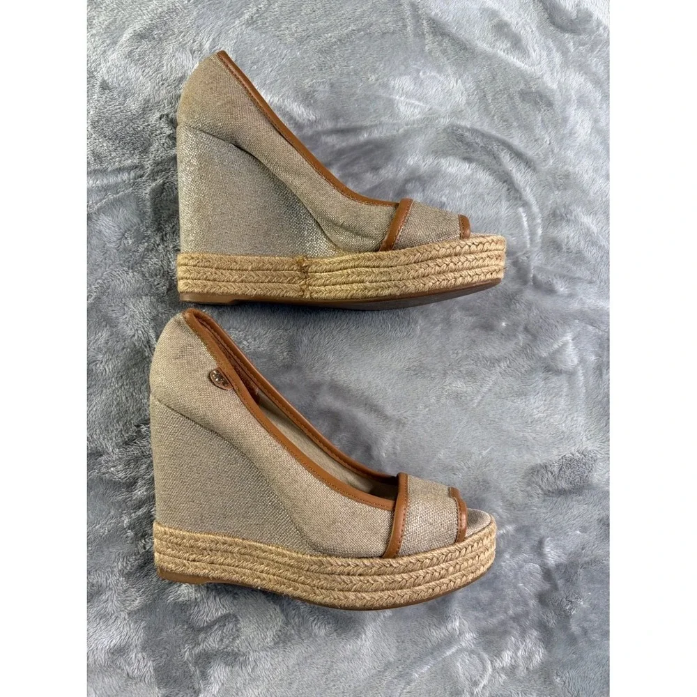 NEW W/ BOX Tory Burch Sally Canvas Espadrille Wedge Sandals Womens Beige US 8.5